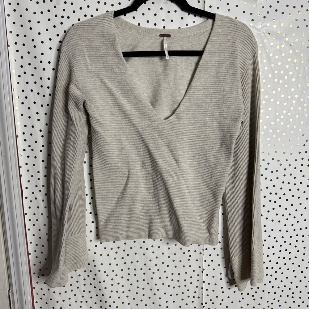 Free People Cream Ribbed V-Neck Top
